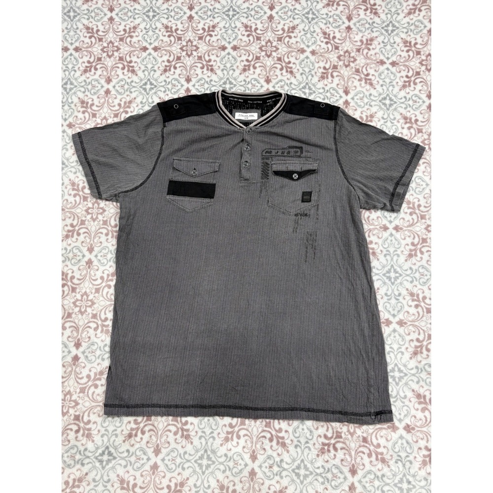 Projek Raw Mens XL Grey Herringbone Henley Shirt Short Sleeve Black Contrast Tri